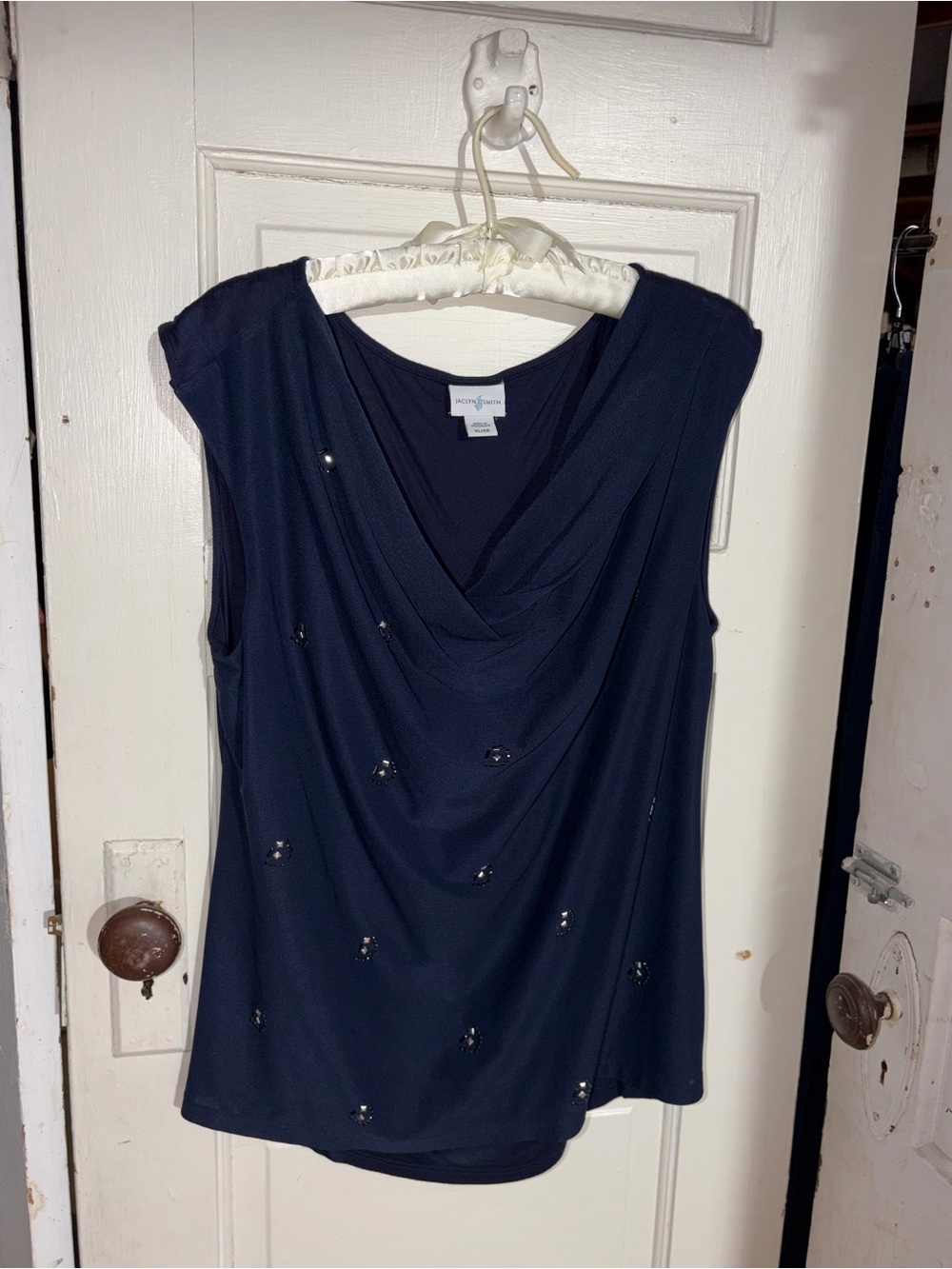 Jaclyn Smith Navy Sleeveless Beaded Cowl Neck Top